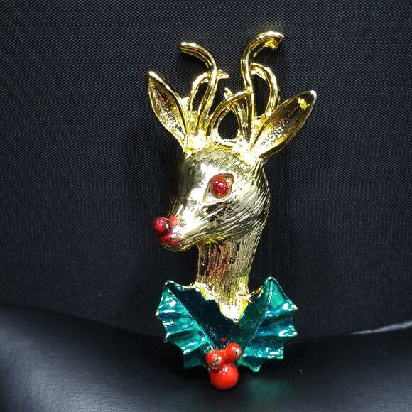 Vintage Rudolph Red Nose Reindeer Brooch, Enamel Holly, 1960s, 2 Inches - Picture 2 of 10